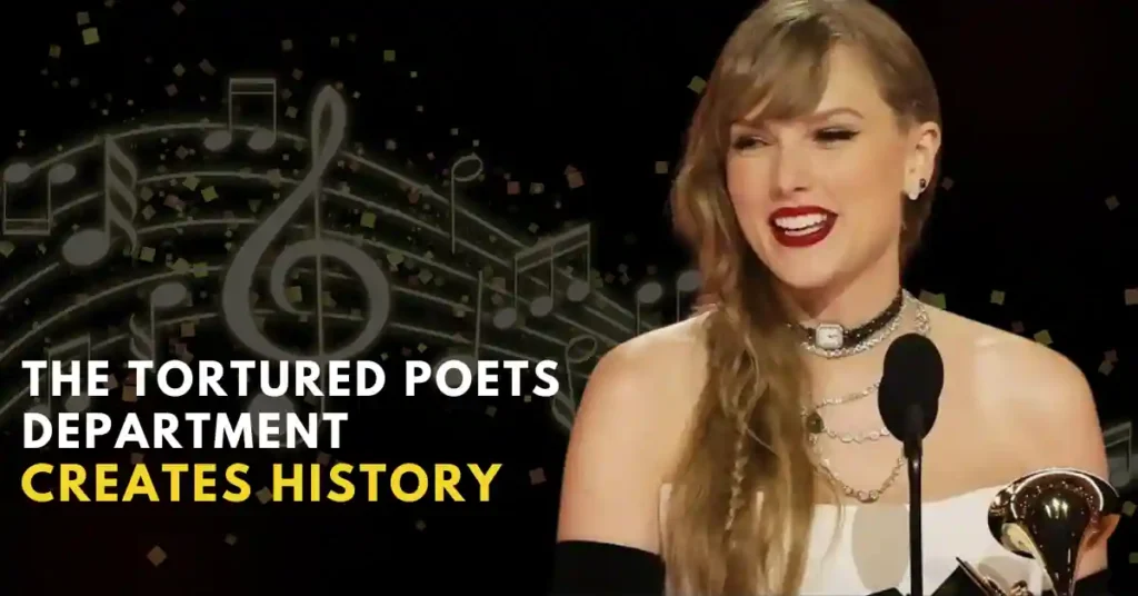 Image of Taylor Swift surrounded by swirling musical notes, with the title 'The Tortured Poets Department' prominently displayed. Taylor Swift appears vibrant and engaged, reflecting the energy of her record-breaking album. The image captures the essence of Swift's musical prowess and the widespread success of her latest release